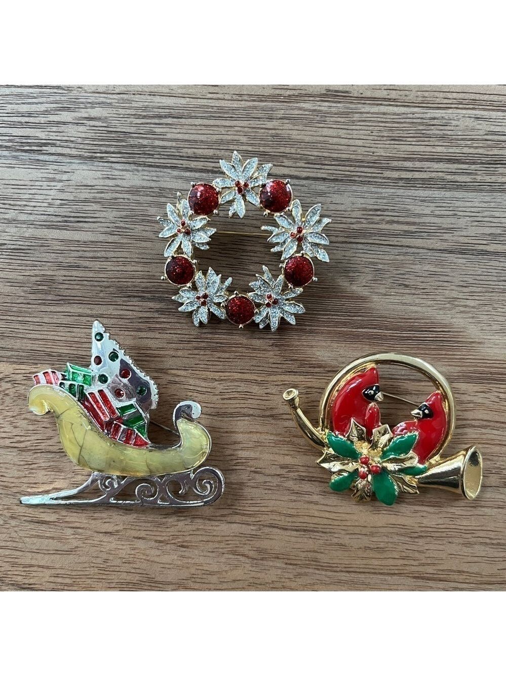 CHRISTMAS Vintage Lot of 3 Brooches Wreath Sleigh Cardinals Stocking Stuffers